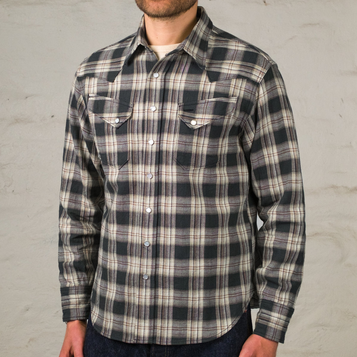 Washer Herringbone Check Western Shirt Black