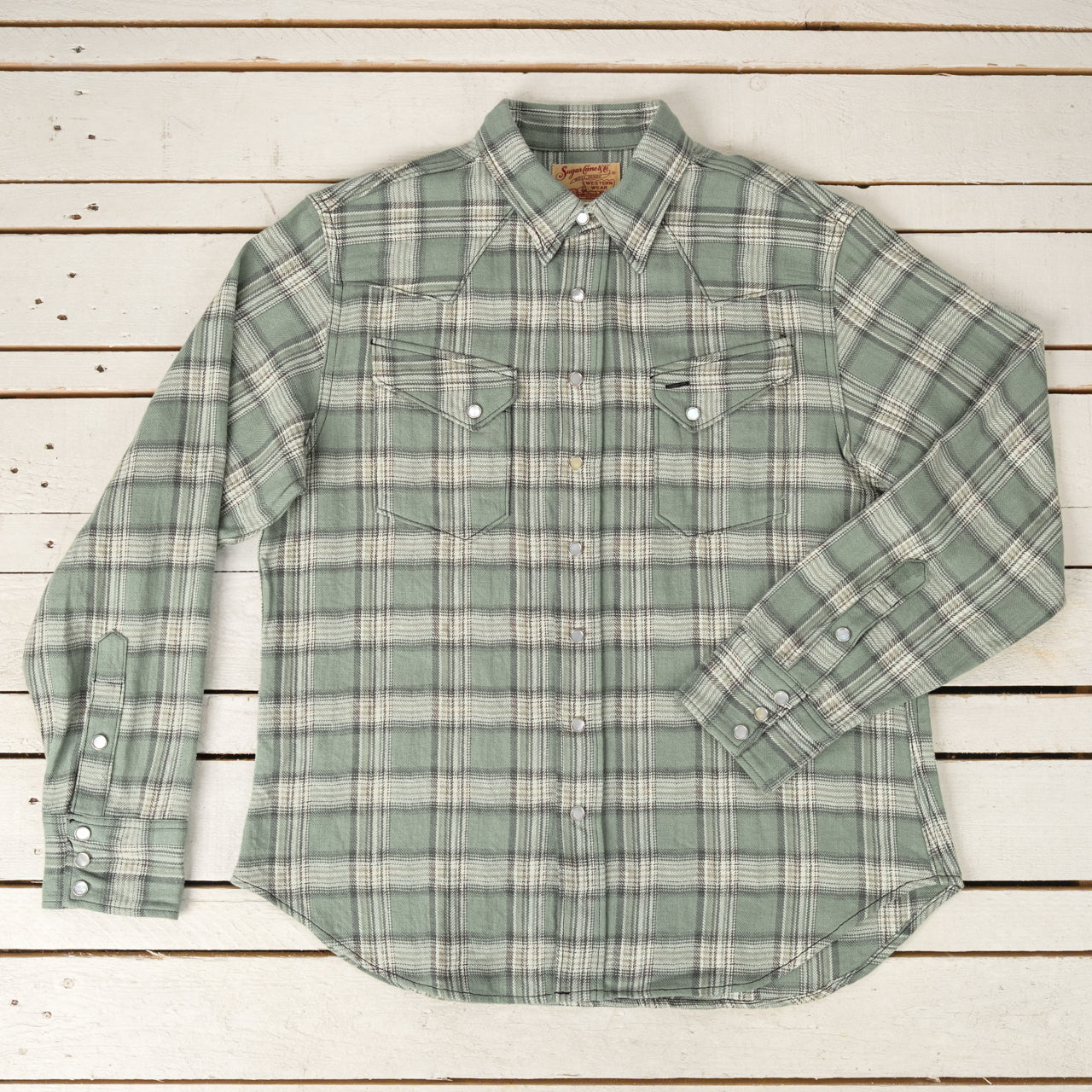 Washer Herringbone Check Western Shirt Green
