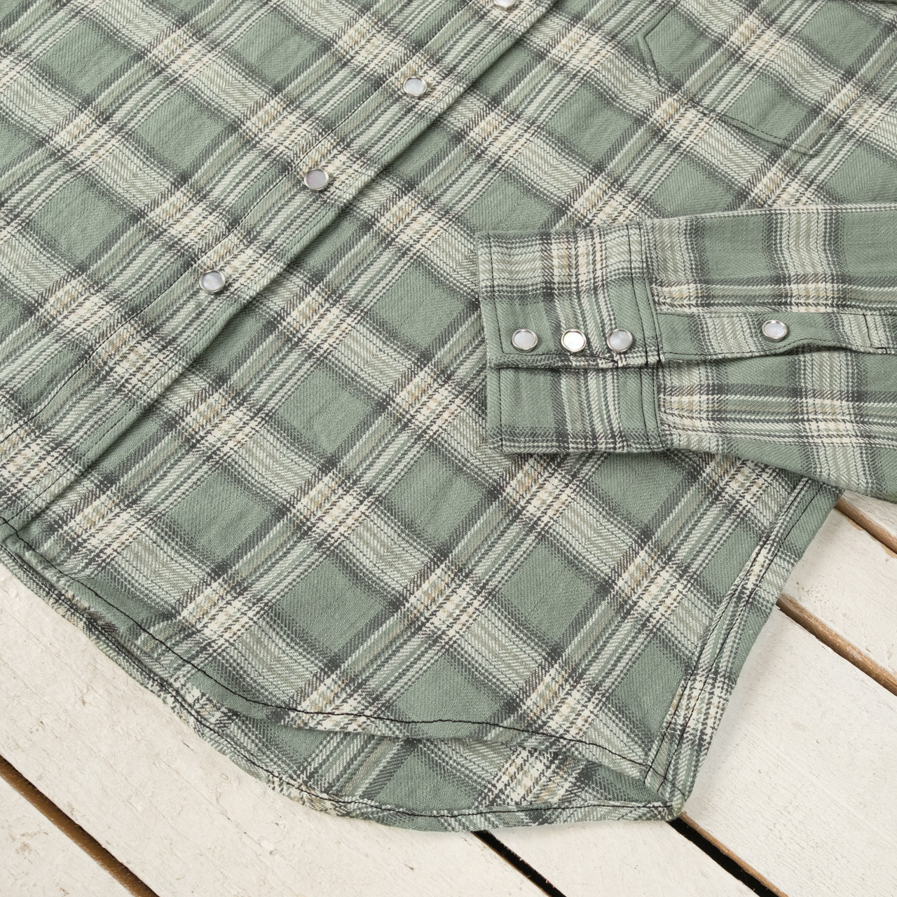Washer Herringbone Check Western Shirt Green
