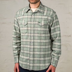 Washer Herringbone Check Western Shirt Green