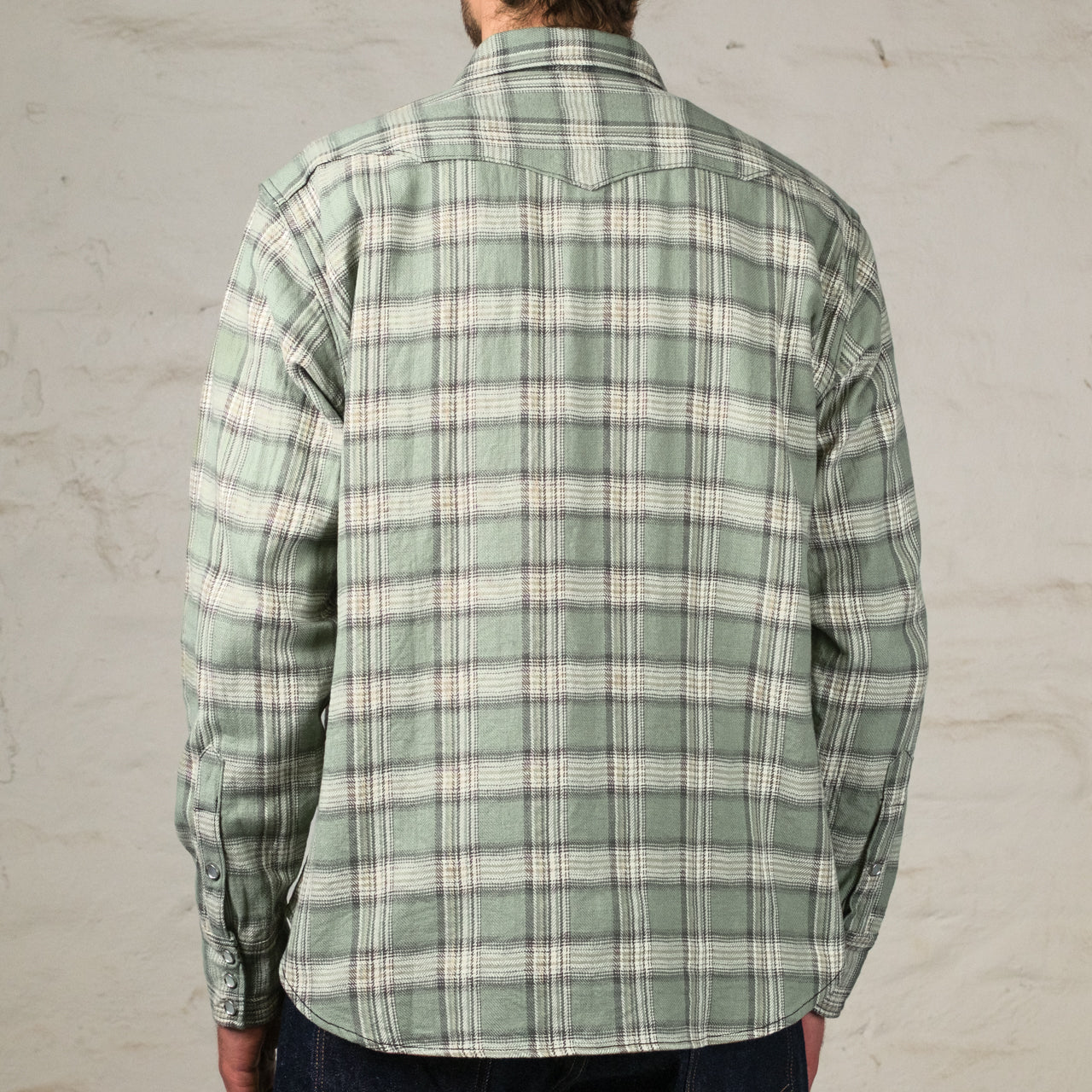 Washer Herringbone Check Western Shirt Green