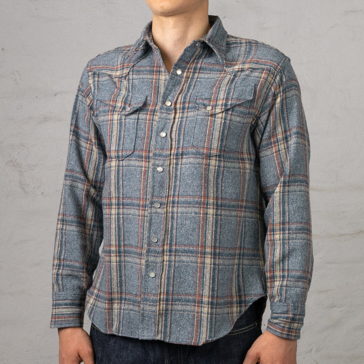 Brushed Herringbone Check Western Shirt Blue