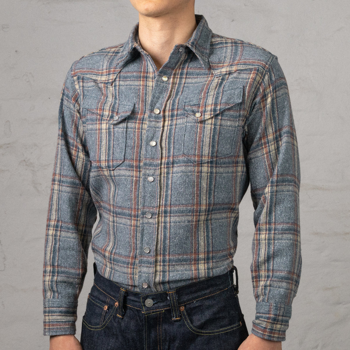 Brushed Herringbone Check Western Shirt Blue