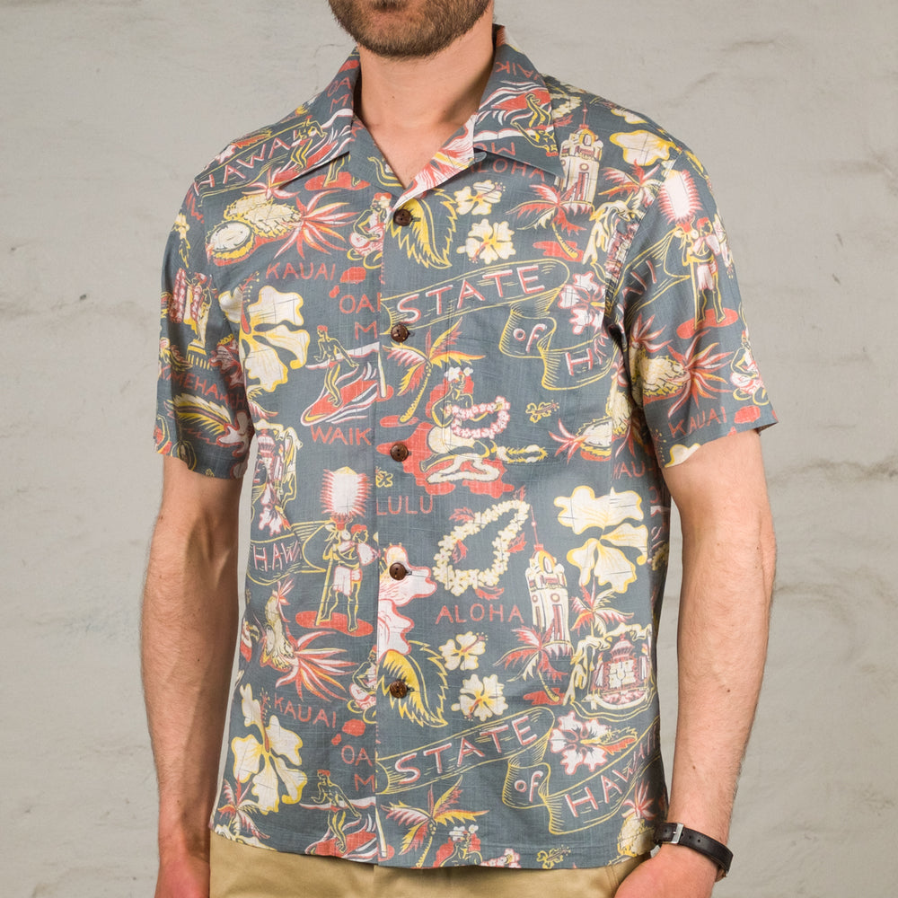Cotton Linen Slubyarn Open Shirt "State of Hawaii" Schwarz