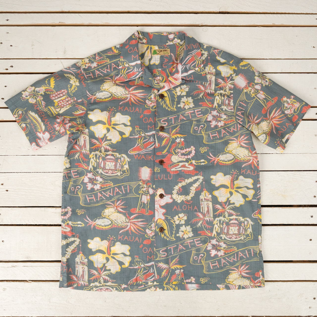 Chemise ouverte en coton et lin flammé « State of Hawaii » noir