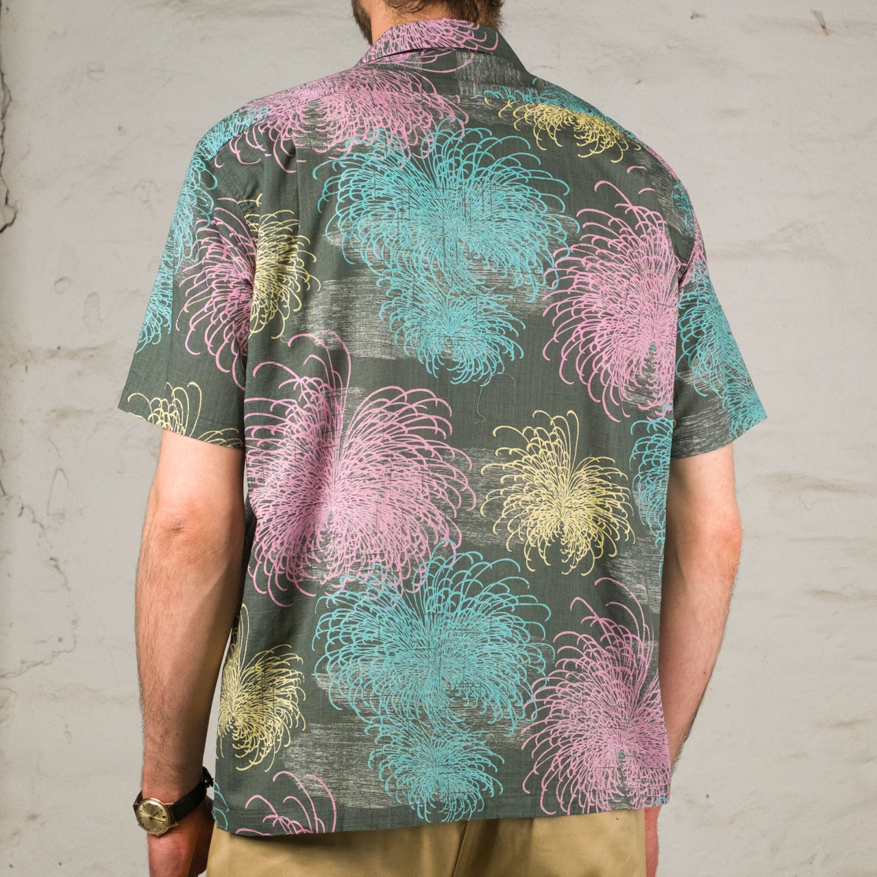 Chemise ouverte en coton et lin flammé "Chrysanthemum" Noir