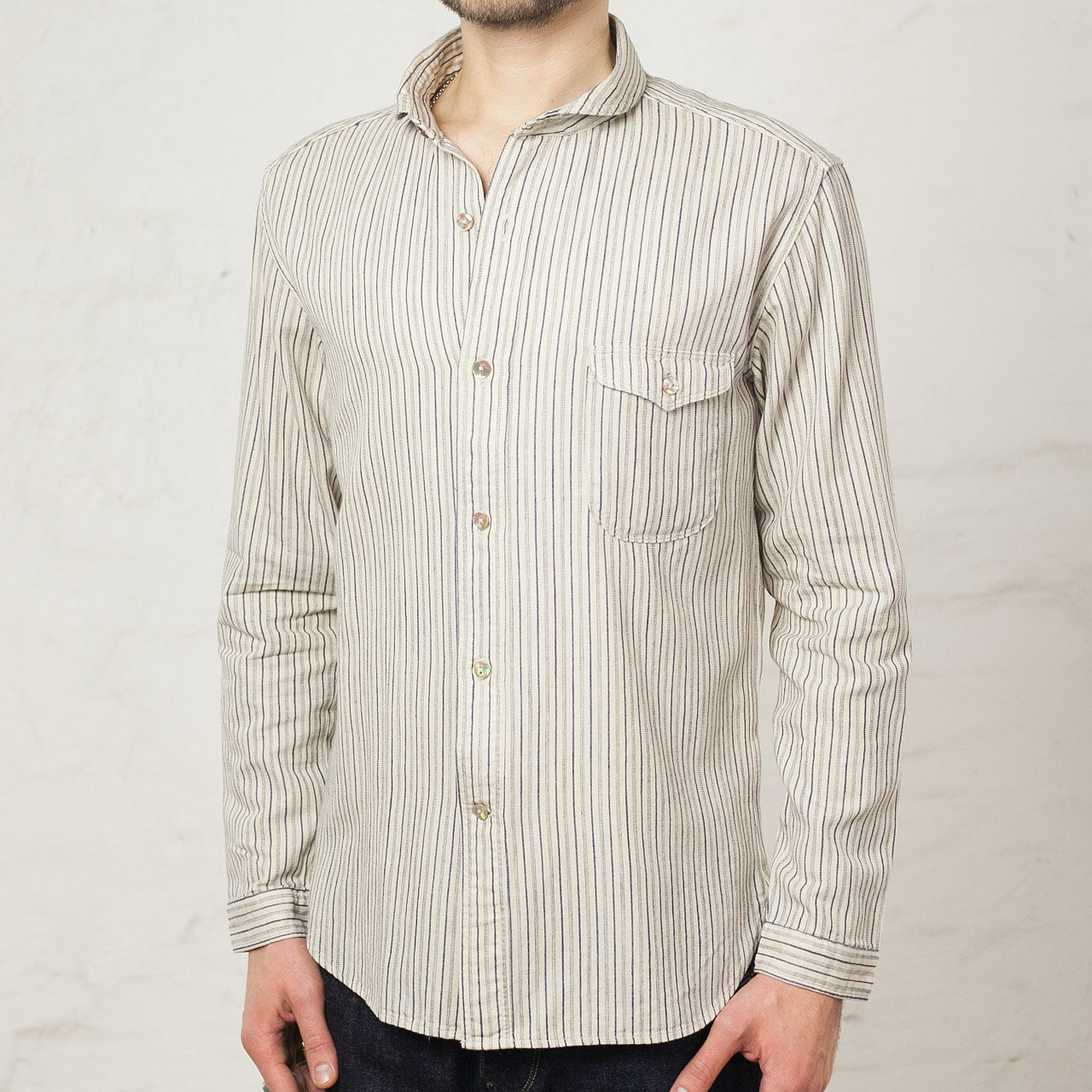 OR-5007E Hemd Shawl Collar Indigo Stripe