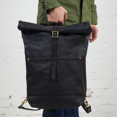Leder Rolltop Rucksack Schwarz