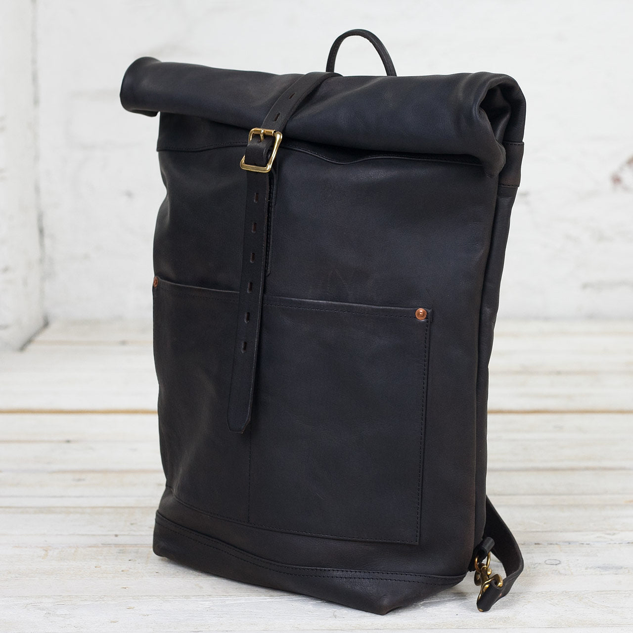 Leder Rolltop Rucksack Schwarz