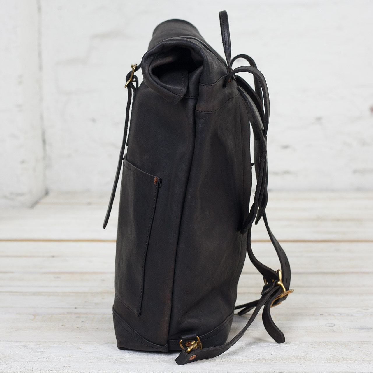 Leder Rolltop Rucksack Schwarz